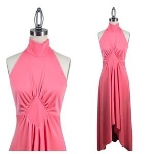 Vintage 70s Halter Maxi Dress Gown XS Peach Pink Open Back Bridesmaid Goddess